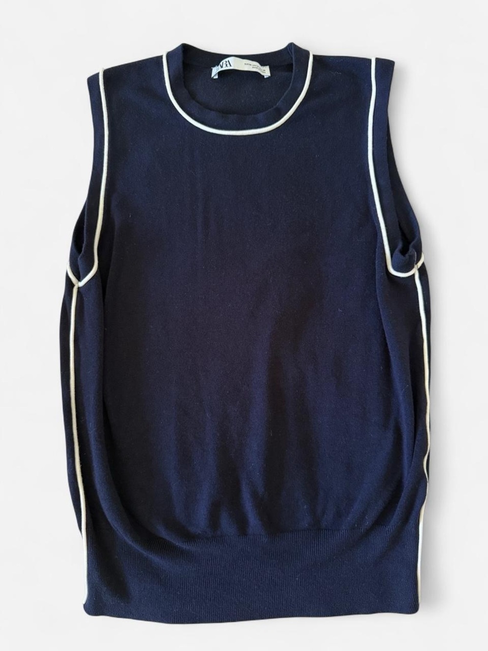 Zara Navy Sleeveless Knit Top with White Trim